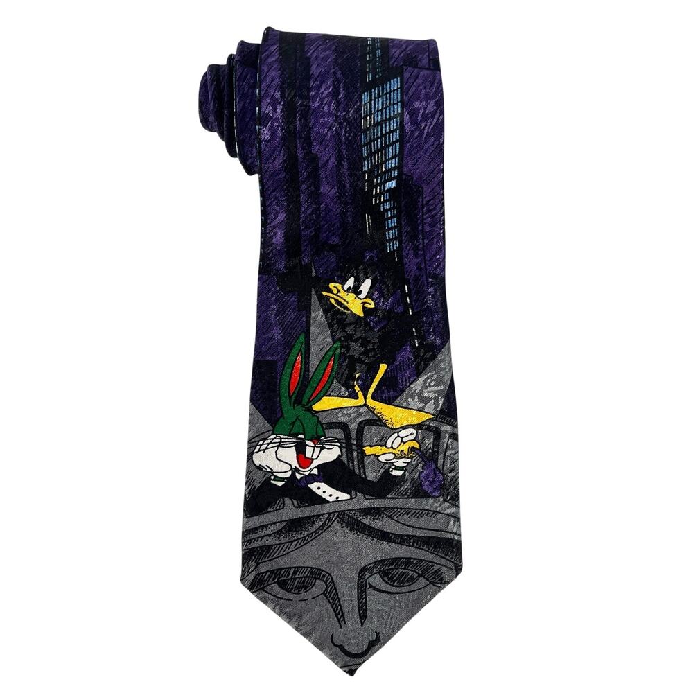 Vintage 90s Bugs Bunny Daffy Duck Tie New York Statue of Liberty 1990s
